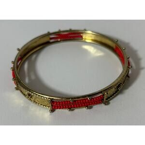 Vintage Red Beaded Gold Tone Bangle Bracelet 8" Boho Ethnic Jewelry